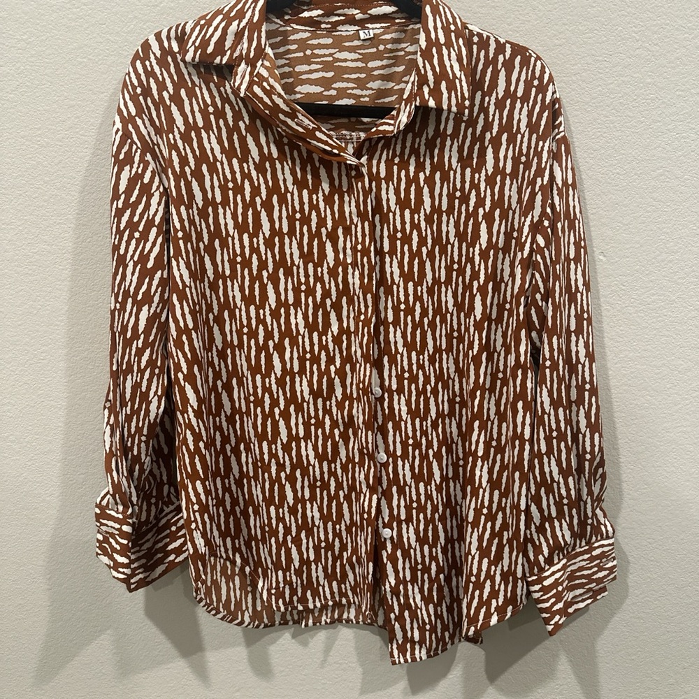 Brown and White Patterned Button-Up Shirt